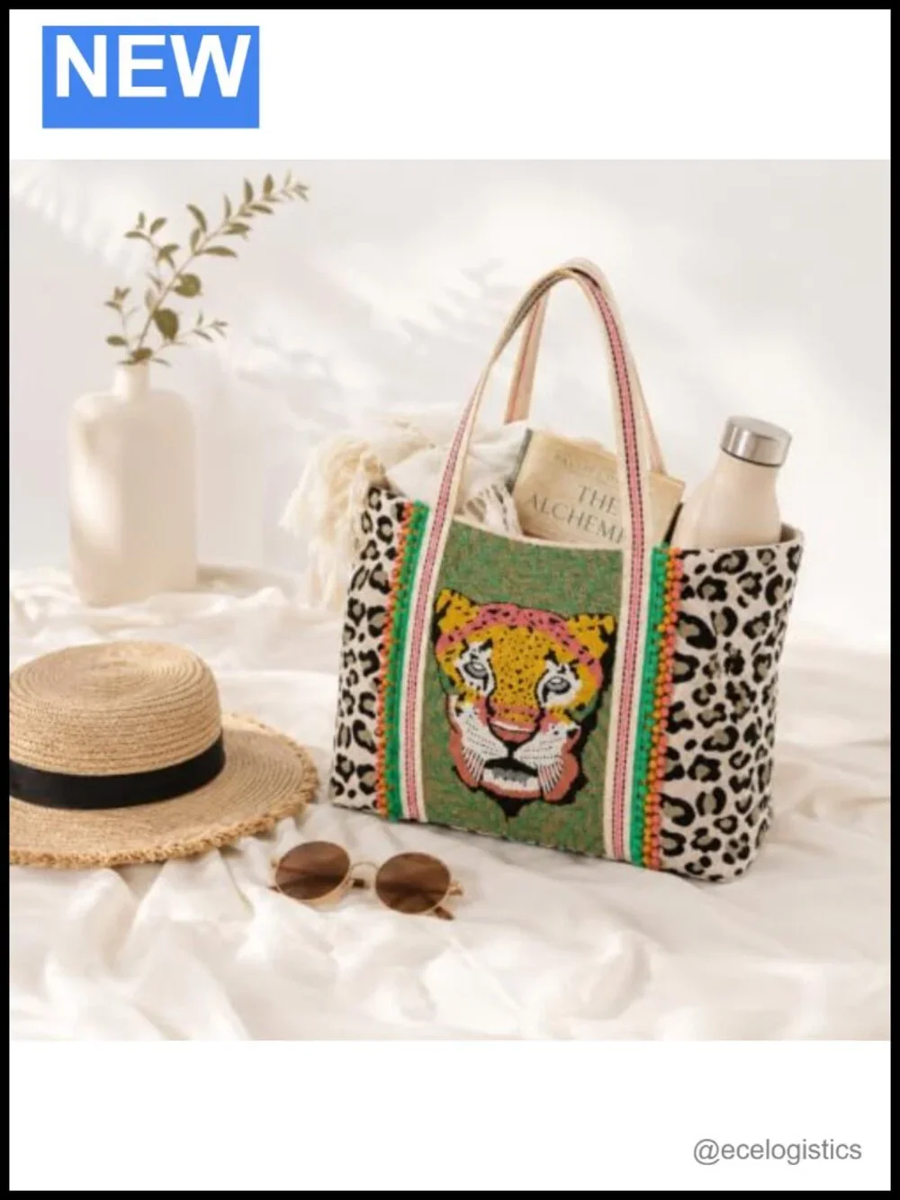 Hand-Beaded Leopard Tote Bag with Pompom Embellished Handle for Women